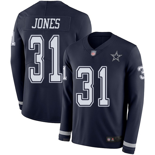 Men Dallas Cowboys Limited Navy Blue Byron Jones #31 Therma Long Sleeve NFL Jersey
